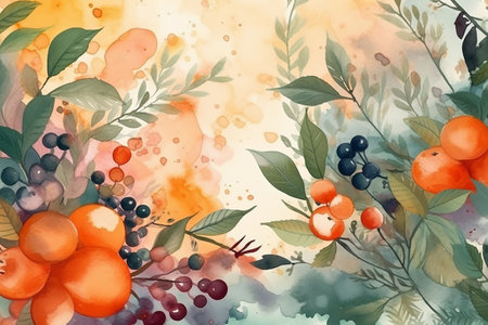 Watercolor background with berries and leaves. Hand painted illustration for your design. Generative AIの素材