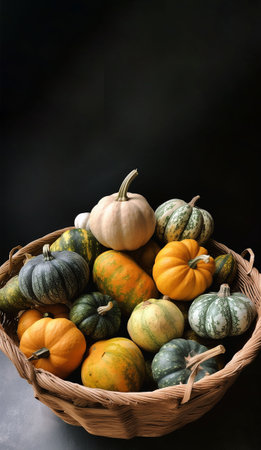 Variety of decorative pumpkins in a basket on black background. Generative AIの素材
