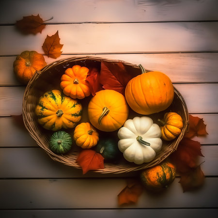 Colorful pumpkins and autumn leaves in a basket on a wooden background. Generative AIの素材