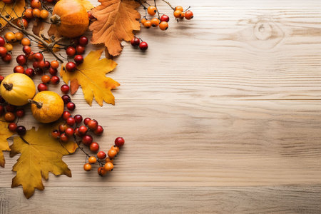 elegant background. Autumn background with pumpkins, leaves and berries on wooden background. Generative AIの素材