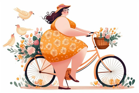 Fat woman riding a bicycle with a basket of flowers. flat illustration. Generative AIの素材
