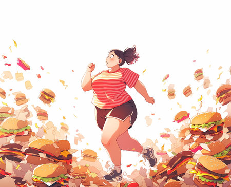 Happy plump woman runs away from hamburgers. Cheerful overweight woman gets rid of fast food. flat illustration. Generative AIの素材