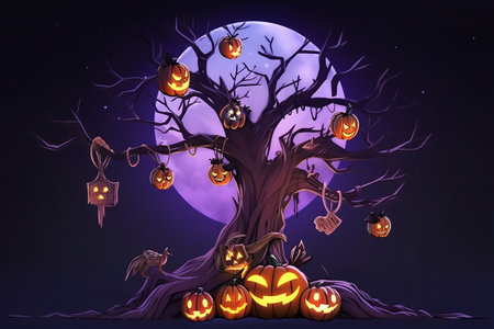 paper collage. Halloween tree with pumpkins on dark background. 3D rendering. Generative AIの素材