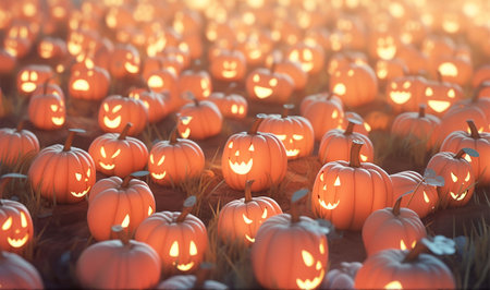 Banner. Halloween pumpkins in the field. 3d render illustration. background. Generative AIの素材