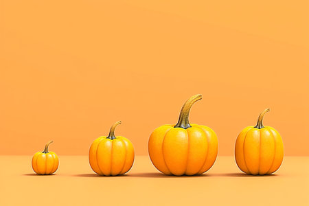 Banner, copy space. 3d rendering of a row of orange pumpkins on an orange background. Generative AIの素材