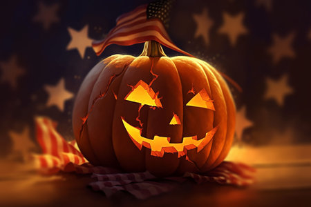 Halloween pumpkin with USA flag on dark background, 3d render. Generative AIの素材