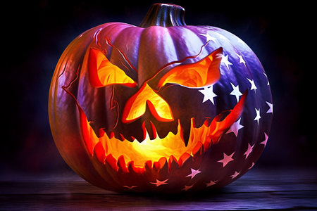 USA flag. Halloween pumpkin with scary face on dark background. Halloween concept. Generative AIの素材
