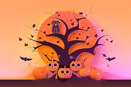 Halloween background with pumpkins, bats and tree.Cartoon illustration. Generative AIの素材
