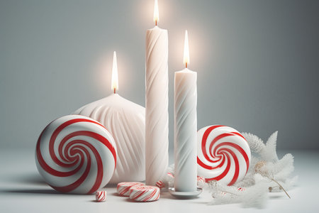 Christmas candies and lollipops with burning candles on gray background. Generative AIの素材
