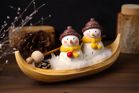 Two snowmen in a boat with cones and branches on a wooden backgroundの素材