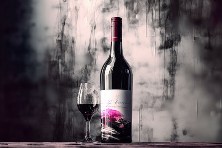 Bottle of red wine and glass on wooden table with smoke effect. Exquisite illustration. Generative AIの素材