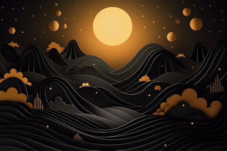Landscape with mountains and moon. paper art style. digital illustration. Generative AIの素材