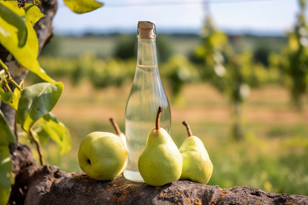 A bottle of cider and pears in the background of a pear orchard on a sunny day. Generative AIの素材