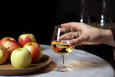 Woman's hand holding glass of cognac and apples on table in restaurant. Generative AIの素材