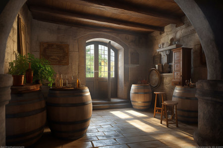 3d render of an old wine cellar with wooden barrels and a window. Generative AIの素材