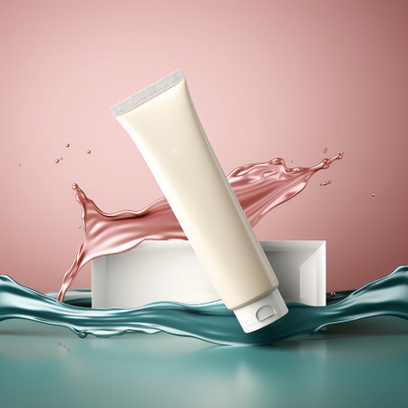 3d render of cosmetic cream bottle with splash on pink background. mockup. Generative AIの素材