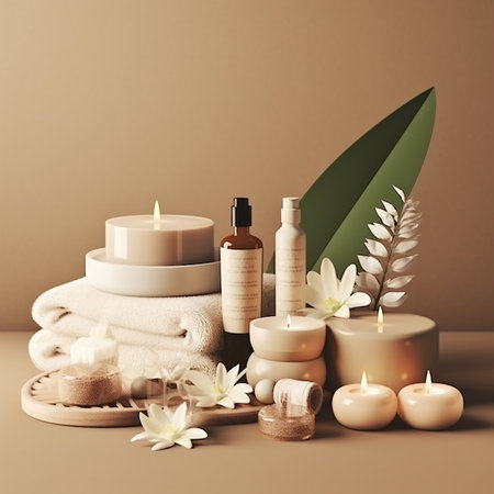 Spa still life with candles and towels. 3d rendering. Generative AIの素材