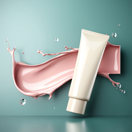 Cream tube with pink splash on green background. 3d rendering. Mock up. Generative AIの素材