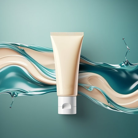 Vector 3d illustration of cosmetic cream tube with liquid splash on turquoise background. Mock up. Generative AIの素材