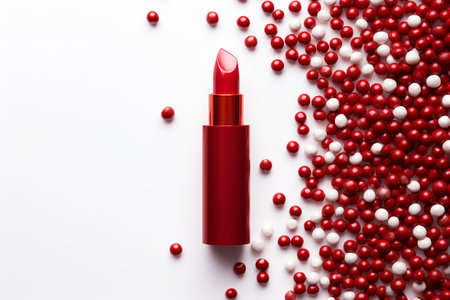 Red lipstick and red candies on white background. top view. Banner. Generative AIの素材