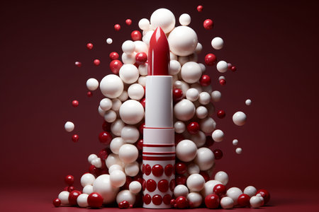 Red lipstick on a red background with white balls. 3d rendering. Generative AIの素材