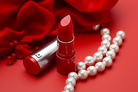 Red lipstick and pearl necklace on red background. 3d illustration. Generative AIの素材