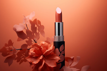 Makeup and cosmetics. Fresh and bright look: red lipstick on an orange-pink background. Generative AIの素材