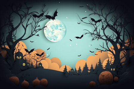 Halloween background with full moon, bats and pumpkins. autumn illustration. copyspace. Generative AIの素材