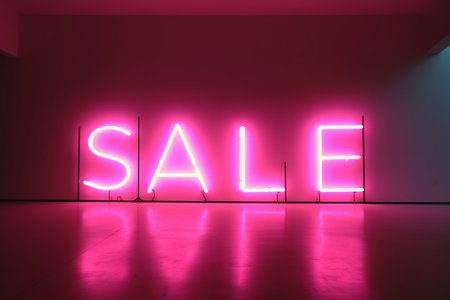 3d render of a glowing neon sign. 3D render of a neon sign with the word *SALE* in an empty room with a purple background. Generative AIの素材