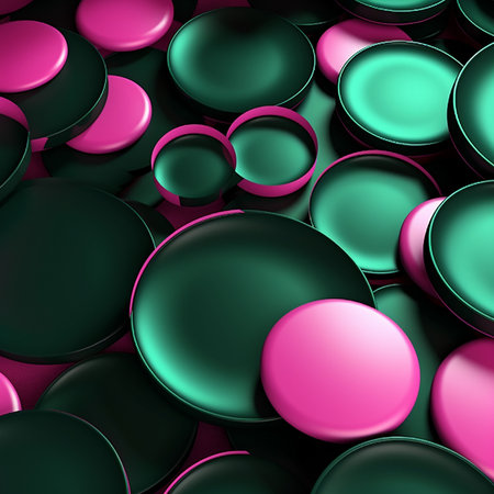 Poster. Abstract background with circles in green and pink colors. 3d rendering. Generative AIの素材