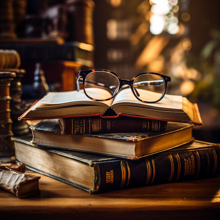 Old books and reading glasses on wooden table. Retro style toned image. Generative AIの素材