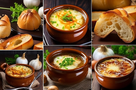 Collage of different soups with garlic, parsley and bread. Traditional onion soup. Generative AIの素材