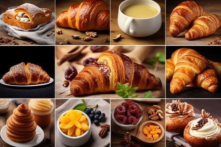 Collage of different types of croissants and cup of coffee. Generative AIの素材