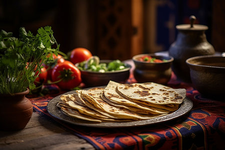 Traditional mexican tortilla on the table, vegetables for topping. Generative AIの素材