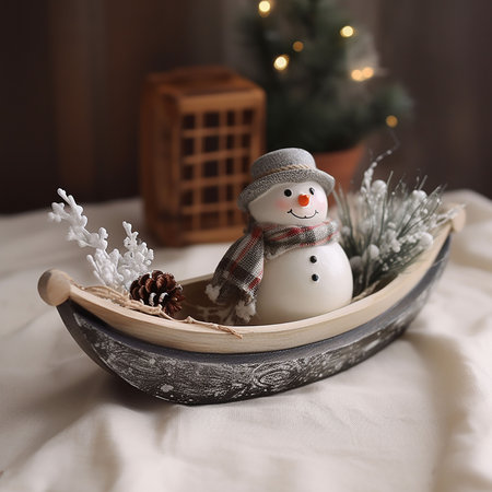 Snowman in a wooden bowl on a background of a Christmas tree. Generative AIの素材