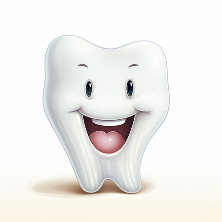 Illustration of a happy cartoon tooth on a white background with shadow. Generative AIの素材