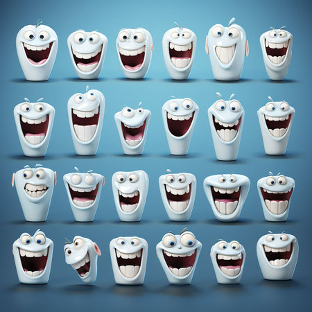 funny cartoon teeth with different expressions on blue background 3d illustration. Generative AIの素材
