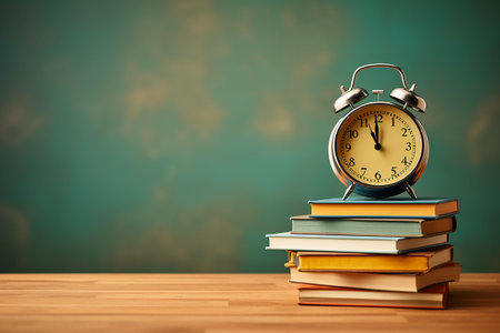 Alarm clock and stack of books on wooden table. time concept. Generative AIの素材