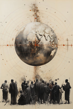 Vintage globe with people around the world, grunge background. Generative AIの素材