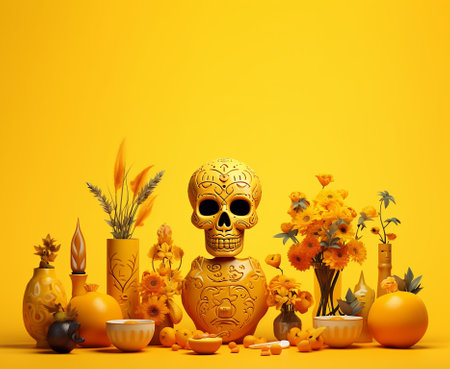 Day of the Dead holiday concept. 3d illustration, yellow background. Generative AIの素材