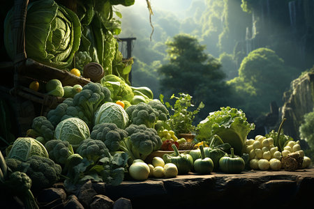 Vegetables and fruits on the wooden table in the garden. balanced diet. healthy lifestyle. Generative AIの素材