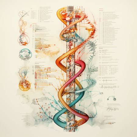 Digital illustration DNA structure in color background with lights. 3D rendering. Generative AIの素材