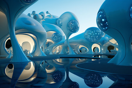 Blue abstract design of a bus stop in the city of the future. Generative AIの素材
