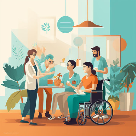 Disabled people sitting in a cafe. Flat style flat illustration. Generative AIの素材