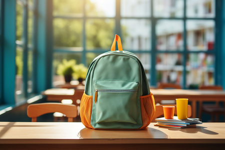 Back to school concept. Backpack with stationery on table in classroom. Generative AIの素材