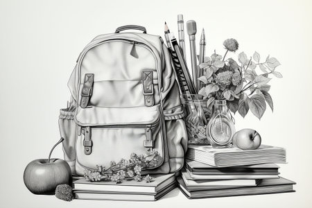 Back to school concept. Backpack, apple, books and stationery on white background. Generative AIの素材