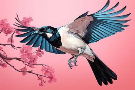 Magpie on a branch of a blossoming pink sakura. Generative AIの素材