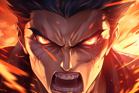 Fractal illustration of a male vampire in a fiery scene. Japan manga. Generative AIの素材