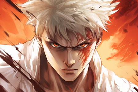 Digital illustration of a teenager with red eyes and an angry face.. Manga style. Japan. Generative AIの素材