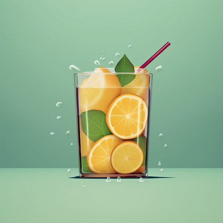 Lemonade with ice in a glass on green background. manga style. Generative AIの素材